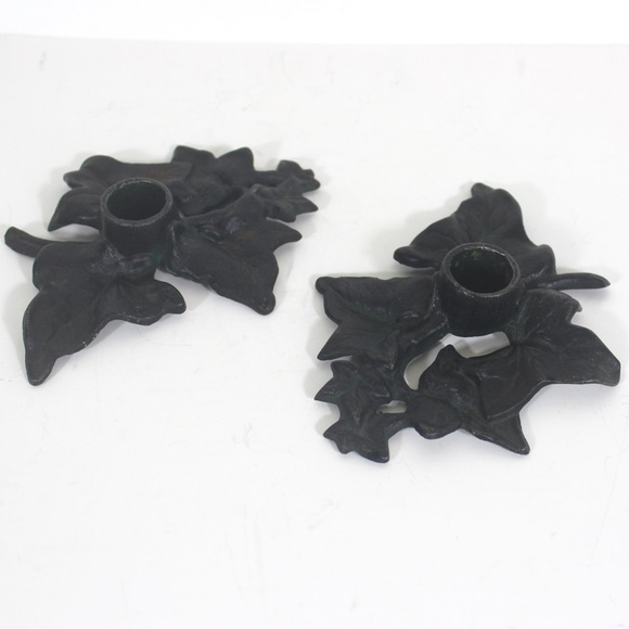 Vintage Black Cast Iron Ivy Leaf Candle Holders, a Pair - Picture 2 of 8